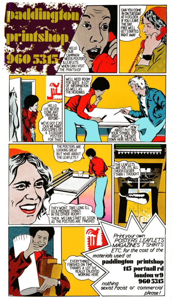 Image of Colourful poster with comic book style illustrations of people designing and creating posters and leaflets, with text including: 'paddington printshop'.