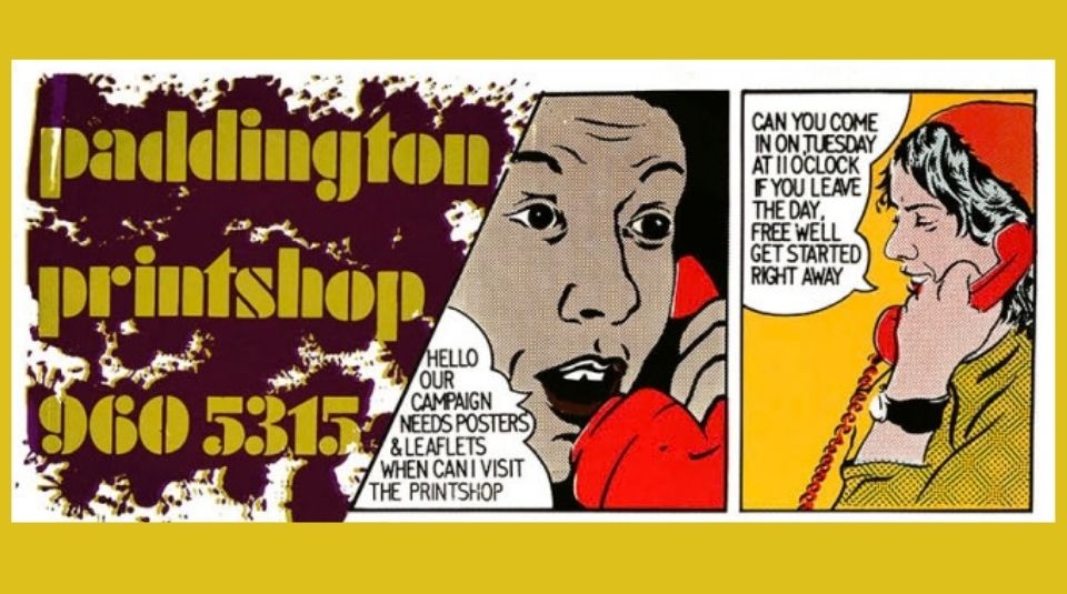 Image of Details from a colourful poster with comic book style illustrations of people designing and creating posters and leaflets, with text including: 'paddington printshop'.