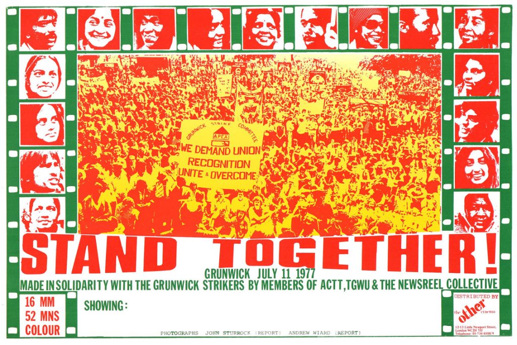 Stand Together! poster, 1977, by Chris Thomas. NMLH.2025.37.11 © Paddington Printshop. Colourful poster with a red and yellow image of a crowd of people holding banners, with a green film strip style border made up of individual headshots of people, and red text including' Stand Together!'.