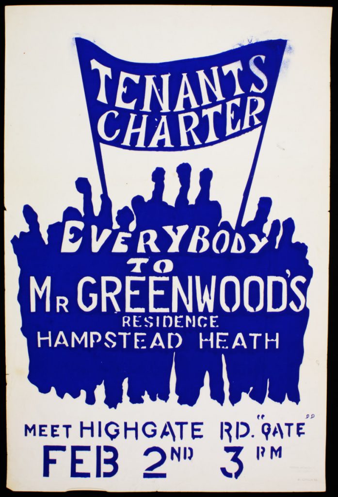 Tenants Charter, Everybody To Mr Greenwood's Residence poster, 1968. NMLH.1992.81 © Poster Workshop. Poster with a blue crowd outline design, with a banner held above with white text: 'Tenants Charter'.