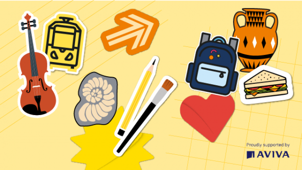 Image of Colourful graphic with illustrations including a tram, arrow, art supplies, and a backpack.